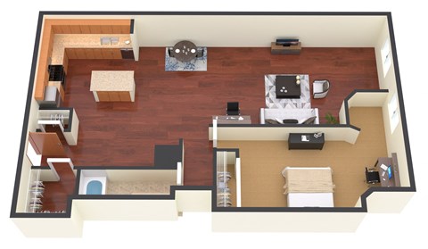 Floor plan for 1 bed, 1 bath, 725 sqft